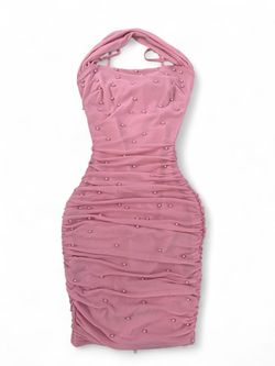 Pink Ruched Halter Mini Dress with Pearl Details