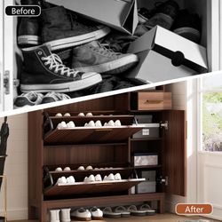 43-inch shoe cabinet storage with power outlet and LED light, with drawers and closed-door shoe storage43" Shoe Cabinet Storage with Power Outlet & LE