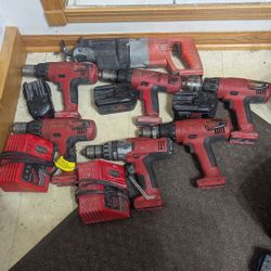Milwaukee V18 not M18 
(6)Hammer Drills work good
(1) Sawzall works good
(3) Good batteries
(2) Chargers
(5) Bad batteries
$150 for all