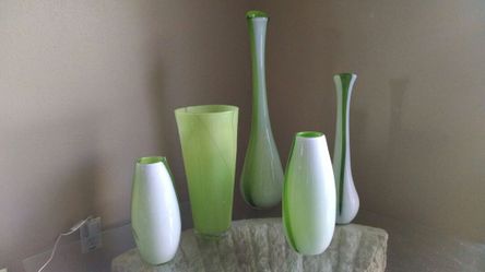 (5) green and white stain glass vases
