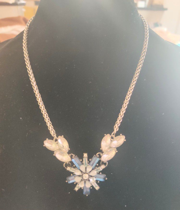 Blue & Clear Crystals Flower Design Collar Necklace