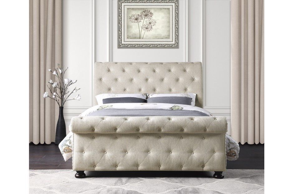 Luxurious Tufted Sleigh Bed Upholstered Gray Or Beige Queen Frame