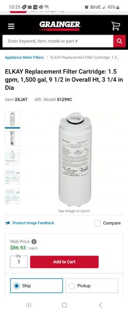 ELKAY Replacement Filter Cartridge: 1.5 gpm, 1,500 gal, 9 1/2 in Overall Ht, 3 1/4 in Dia