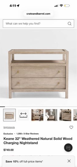 (New) Crate & Barrel - Keane 32" Weathered Natural Solid Wood Charging Nightstand