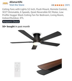 Ceiling Fans with Lights 52 Inch, Flush Mount, Remote Control, 3CCT Dimmable, 6 Speeds, Quiet Reversible DC Motor, Low Profile Hugger Black Ceiling Fa