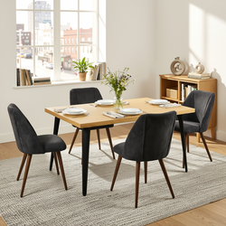 Homy Casa STAN+KALI 5PC Dining Set 63" Natural Wood Table with 4 Charcoal Upholstered Chairs Walnut Metal Legs