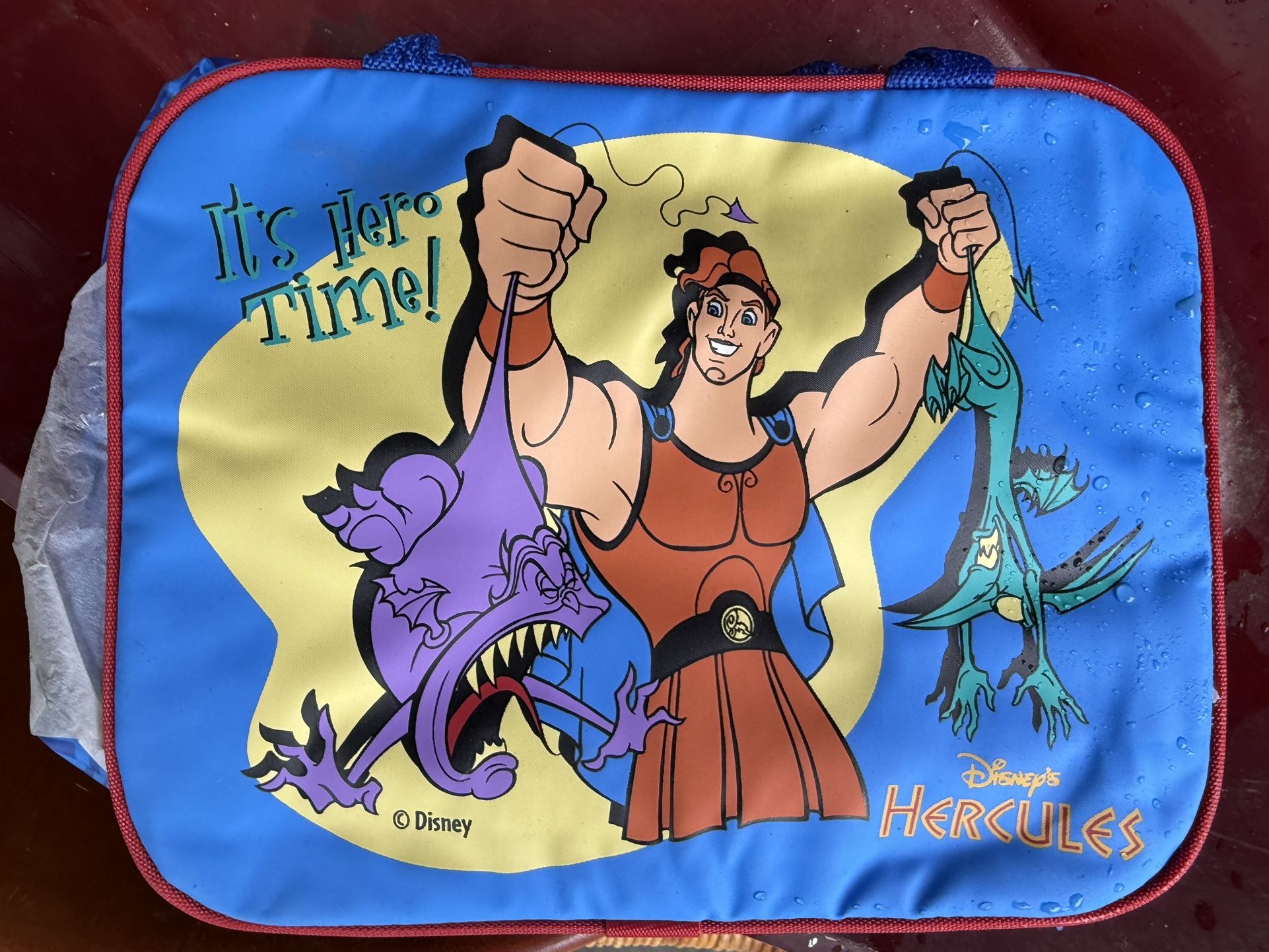 Vintage Disney's HERCULES Lunch Box Soft Sided Vinyl Bag Azul oscuro It's Hero Time Dolor y pánico Villano Aprox. 9" de ancho 7" de alto x 3.5" de pro