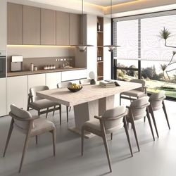 Dining Table for 6-10, Veined Travertine Pattern, 160-200cm, Simple & Elegant Design