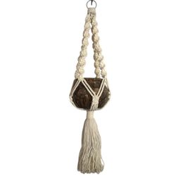 1970’s Handmade 3’ Braided Macrame Plant Hanger w/Spotted Ceramic Pot