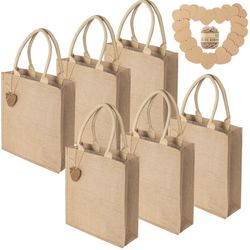 6 Pack Burlap Tote Bags Blank Shopping Bag Jute Gift Bags Reusable Canvas Grocery Bag with Cotton Handle and Gift Card for Decorating Art Craft Bible 