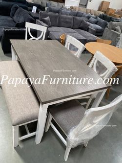 NEW 6 Piece Dining Room Table and Chair Bench Set Grey White Wood Finish BIG SALE DISCOUNT Furniture Warehouse Clearance Closeout cottage Contemporary