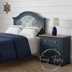 Custom Made Nautical Themed Twin Headboard & Nightstand in a Teal Tinted Navy by Fairy Tables