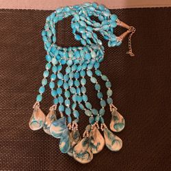 20”-24” 4 Strand Turquoise & Silver Beaded Accent With Dangling Shells Necklace 