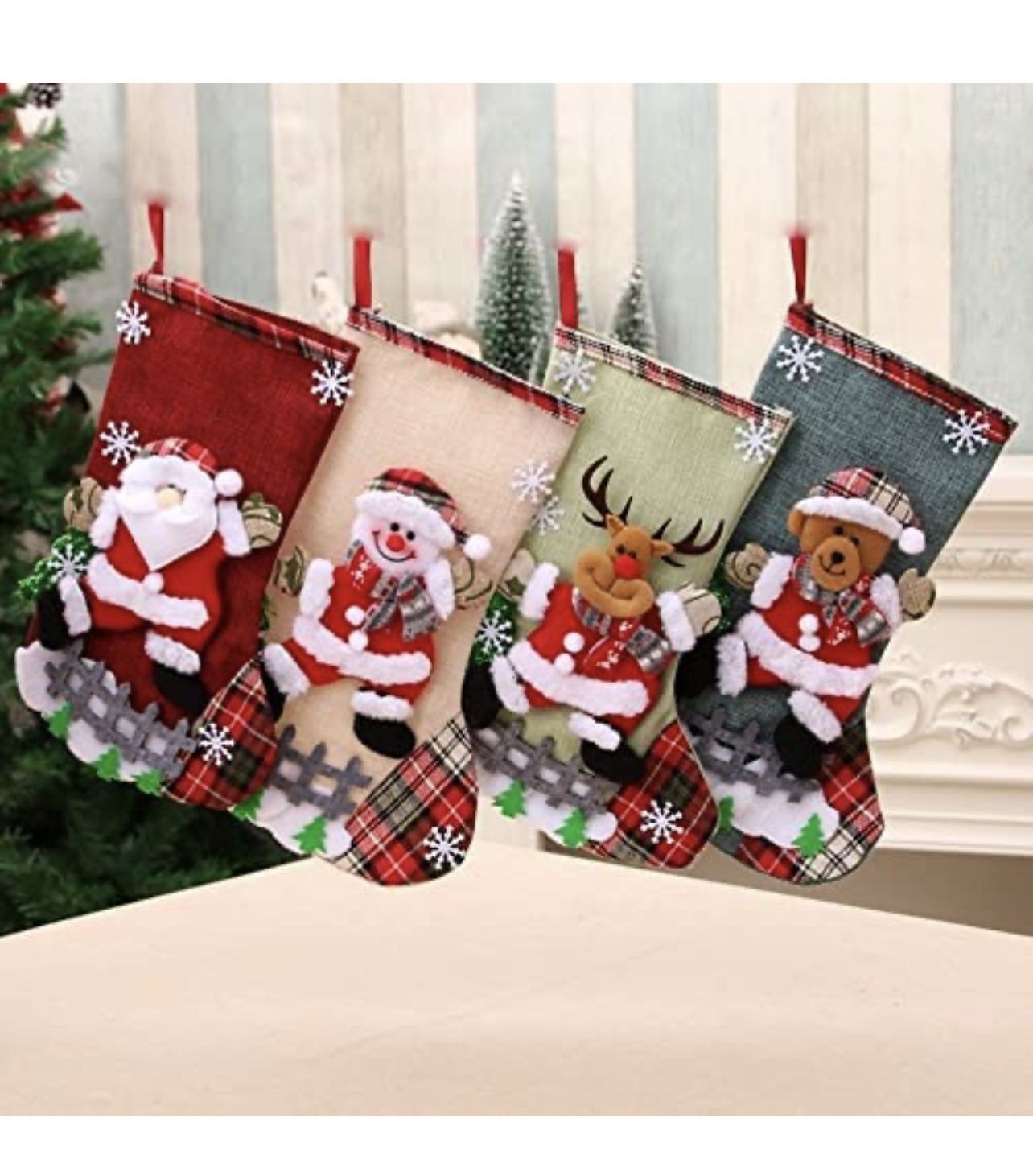 Christmas Stocking Set of 4, Socks Character Santa Snowman Bear Reindeer Snowflake, Cute Candy Gift Toy Bags Christmas Party Decor