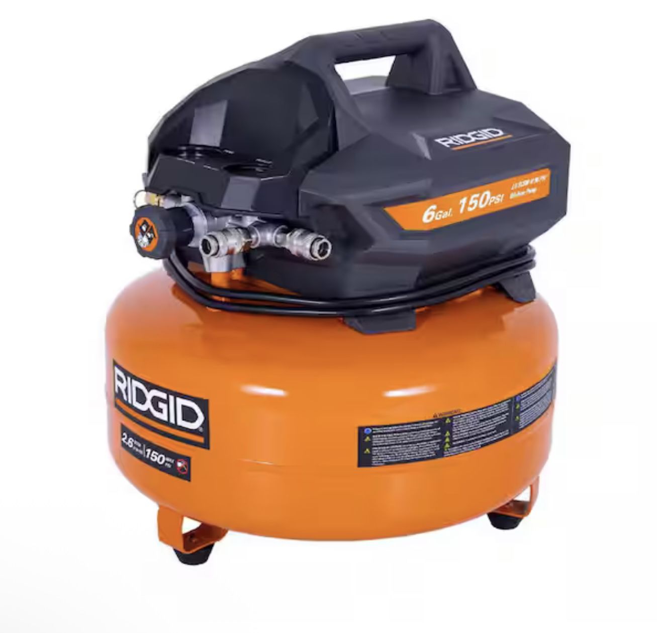 RIDGID 6 Gal. 150 PSI Portable Electric Oil-Free Jobsite Pancake Air Compressor with Dual Pressure Gauges and 2-Quick Couplers