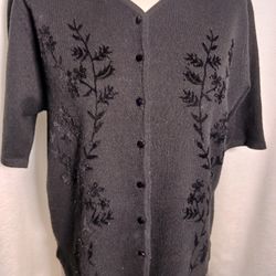 Laura Scott Cardigan Womens Large Black Short Sleeve Floral Embroidered Button