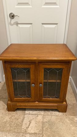 Oak Wood Cabinet with Leaded Glass Doors
