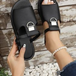 Women’s Fashion Black Metal Decor Stitch Detail Slide Sandal *NEW*