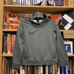 NIKE-youth gray DRI-FIT long sleeve athletic hooded pullover graphic sweatshirt