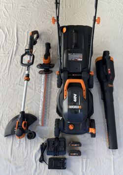 Worx PowerShare 40V 14" Lawn Mower & 20V 12" String Trimmer, Blower, Hedge Trimmer Combo Kit