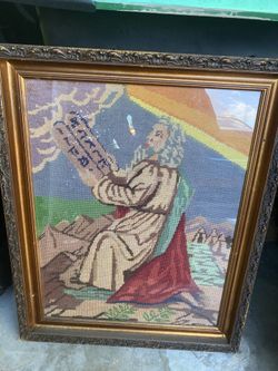 Vintage Moses Framed Needlework Artwork Picture 1800s