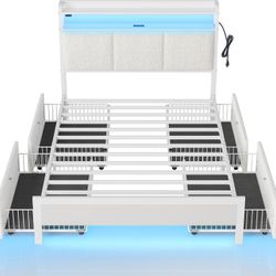Rolanstar Bed Frame Twin Size with Charging Station and LED Lights, Upholstered Storage Headboard with Drawers, Heavy Duty Metal Slats, No Box Spring 