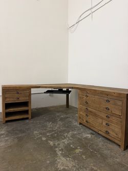 Rustic Wood L-Shaped Corner Desk with Drawers