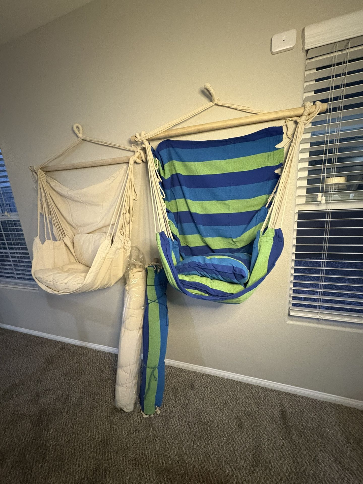 New Distinctive Cotton Canvas Hanging Rope Chair with Pillows Canvas & Blue Green Stripe Available