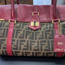 Fendi Zucca print canvas bag with red leather accents