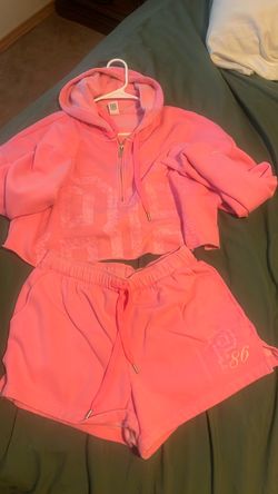 Pink Cropped Zip-Up Hoodie and Shorts Set