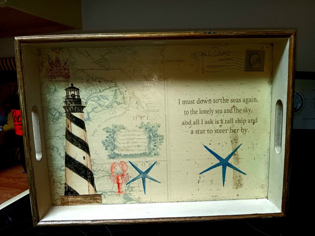 Vintage Wood Tray With Nautical Art On Inside