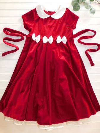 Girls 7-8 red Velour Dress Ivory Satin Bows 