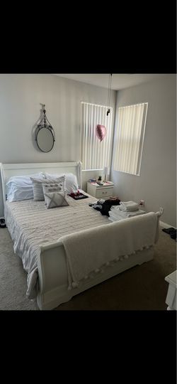 White Wooden Sleigh Bed Frame & Nightstand