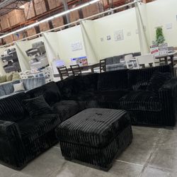 BRAND NEW BLACK FLUFFY CORDUROY SECTIONAL SOFA COUCH WITH OTTOMAN (NEW IN BOXES 📦)
