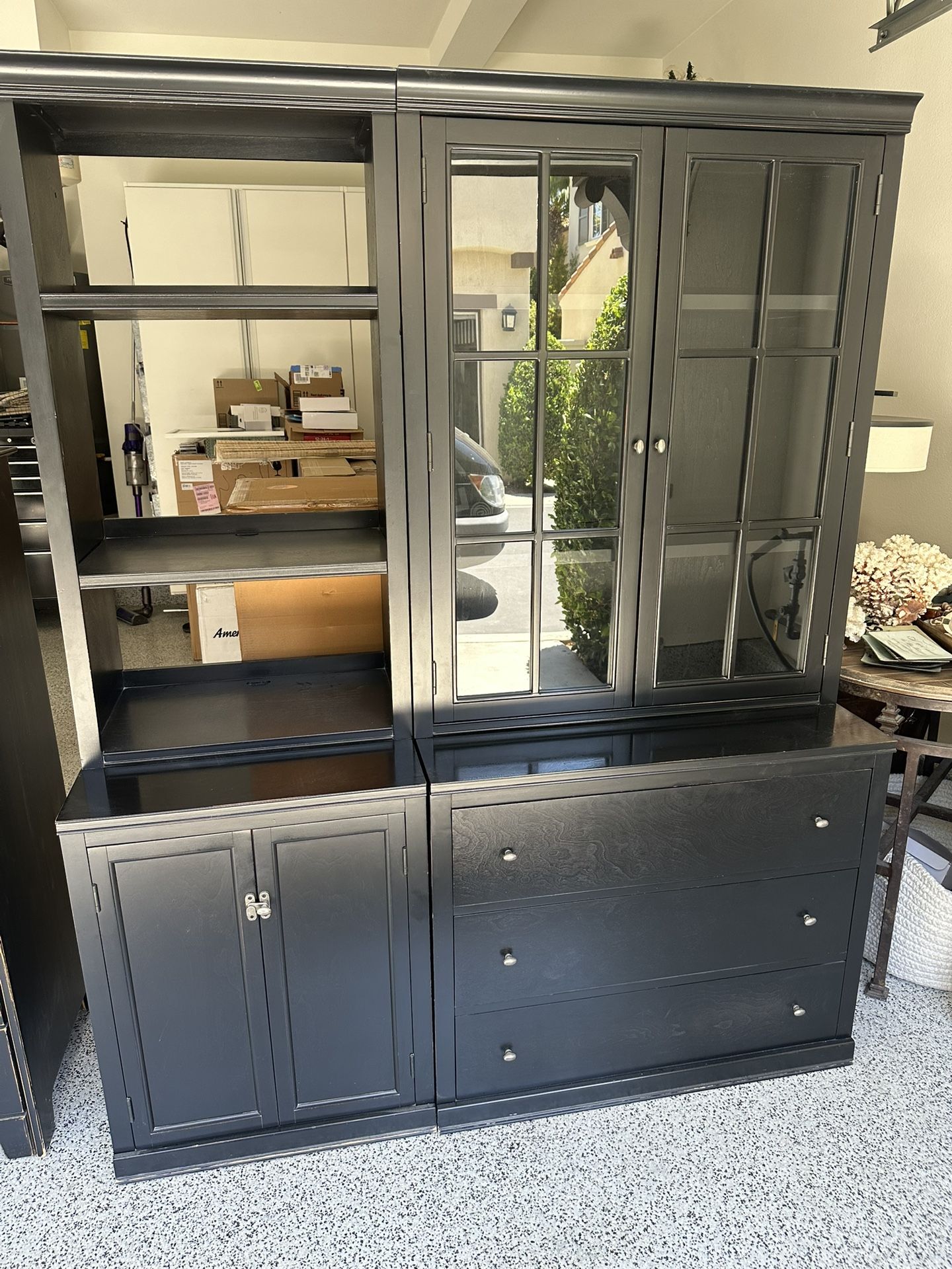 Pottery Barn Bookcase with glass cabinet, shelves and drawers