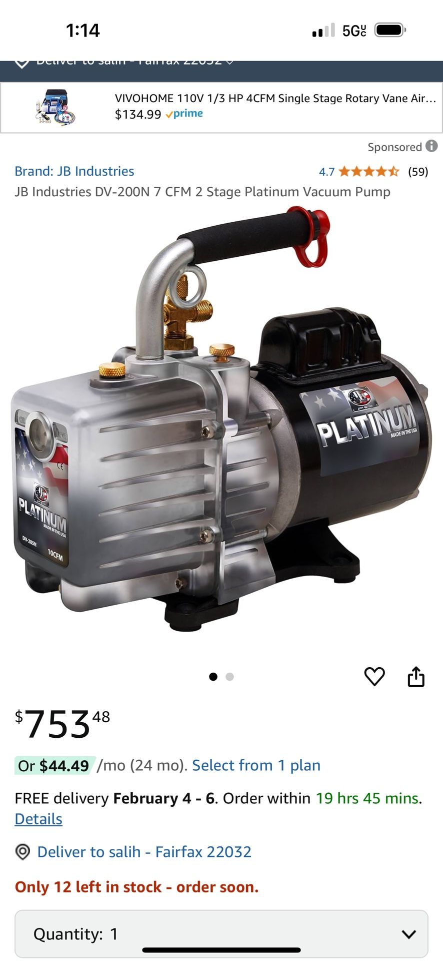 New still in box JB platinum 7 CFM 2-Stage Vacuum Pump