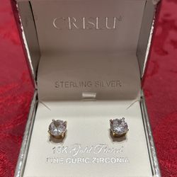 NIB CRISLU Cubic Zirconia Stud Earrings~Sterling Silver 18k Gold Plated