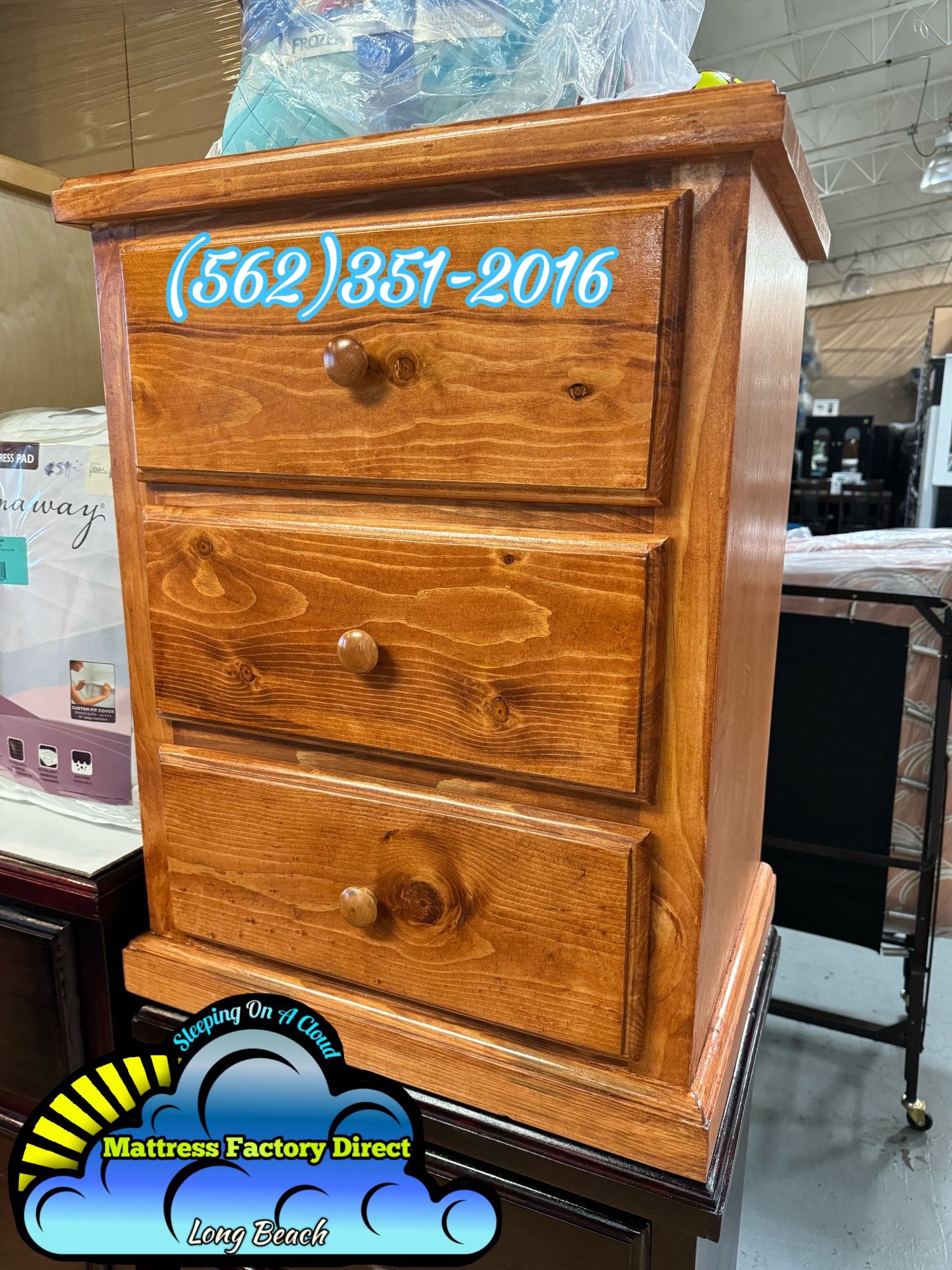 Three Drawer Oak Pinewood Dresser Nightstand New 