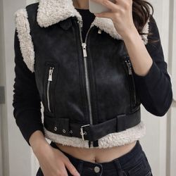 Women Faux Leather Sherpa Vest Cropped Biker Jacket Black Size L New