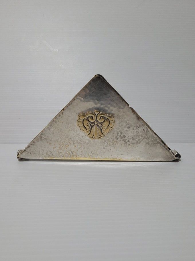 Antique Vintage Napkin Table Holder Danish Silverplate Marked H.F. Relief Floral 