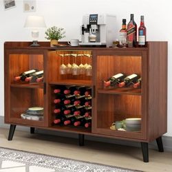 Coffee Cabinet And Wine Rack Coffee Cabinet with Wine Rack and Glass Holder, Kitchen Buffet Sideboard W Storage Shelf, Freestanding Liquor Cabinet for