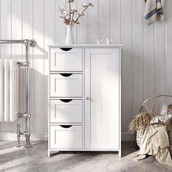 White Bathroom Linen Storage Floor Cabinet with Drawers 