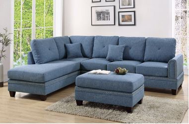 💙 Blue sectional and ottoman with studded frame 💙 Jordan Home Furniture 💙