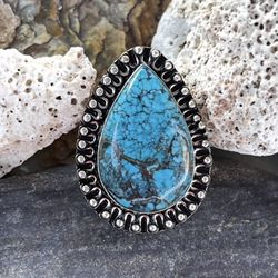 Teardrop Genuine Natural Turquoise Sterling Silver Ring Sz 7