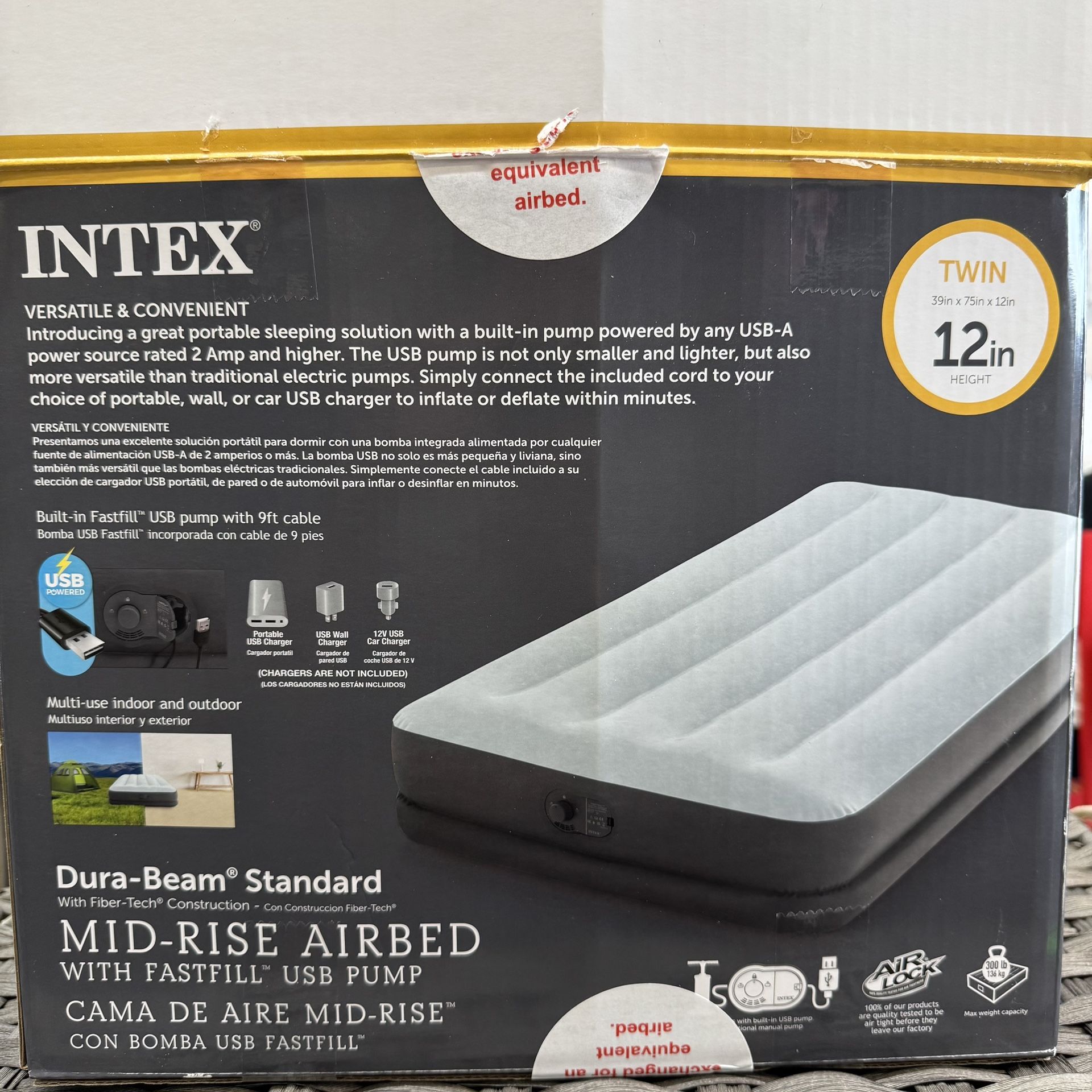 Intex Mid Rise 12" Air Mattress with Internal USB Pump - Twin Size Like New