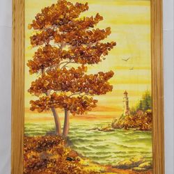 Framed Vintage Handmade USSR Soviet Amber Landscape Art 9.5"×13"