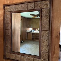 Hand-Carved Wood Geometric Mirror – Rustic Modern Look