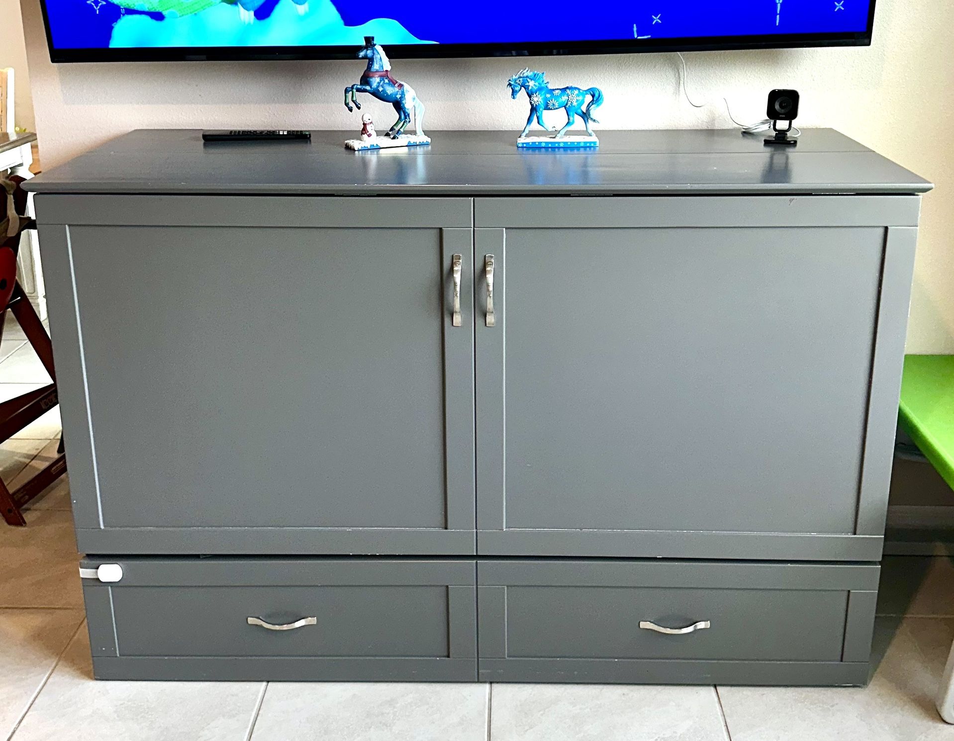 Hamilton Full Grey Murphy Bed Chest with Memory Foam Folding Mattress Built-in Charging Station & Storage Drawer