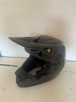 full-face mountain bike (downhill/enduro) helmet with a glossy black finish, visor,