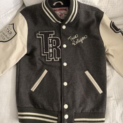 The True Religion Gray Letterman Varsity Jacket in size medium 